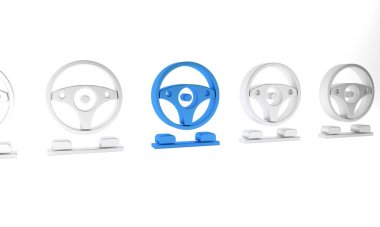 Mavi Yarış Simülatörü kokpit simgesi beyaz arkaplanda izole edildi. Oyun aksesuarı. Simülasyon oyunu için Gadget. Minimalizm kavramı. 3 Boyutlu resimleme.