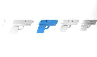 Mavi Tabanca ya da silah ikonu beyaz arkaplanda izole edilmiş. Polis ya da askeri silah. Küçük ateşli silah. Minimalizm kavramı. 3 Boyutlu resimleme.