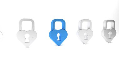 Mavi Kale, beyaz arka planda izole edilmiş kalp simgesi şeklinde. Kilitli Kalp. Aşk sembolü ve anahtar deliği işareti. Sevgililer Günü. Minimalizm kavramı. 3 Boyutlu resimleme.