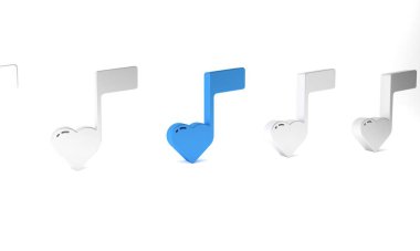 Mavi nota, beyaz arkaplanda izole edilmiş kalp simgesi olan ton. Sevgililer Günü. Minimalizm kavramı. 3 Boyutlu resimleme.