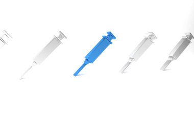 Beyaz arkaplanda mavi şırınga simgesi izole edildi. Aşı için şırınga, aşı, iğne, grip aşısı. Tıbbi ekipman. Minimalizm kavramı. 3 Boyutlu resimleme.