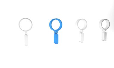 Beyaz arka planda mavi büyüteç simgesi izole edildi. Arama, odaklanma, yakınlaştırma, iş sembolü. Minimalizm kavramı. 3 Boyutlu resimleme.