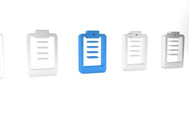 Beyaz arkaplanda kontrol listesi simgesi olan mavi pano. Kontrol listesi sembolü. Anket anketi ya da anket geri bildirim formu. Minimalizm kavramı. 3 Boyutlu resimleme.