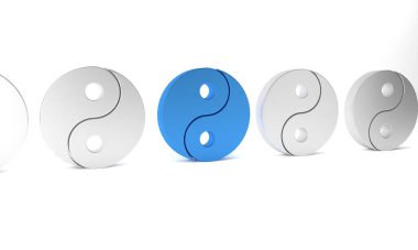 Mavi Yin Yang beyaz arka planda izole edilmiş uyum ve denge simgesi sembolü. Minimalizm kavramı. 3 Boyutlu resimleme .