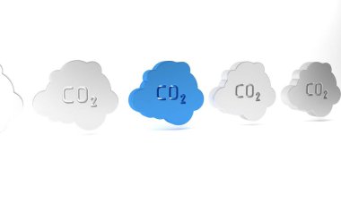 Bulut simgesindeki mavi CO2 emisyonları beyaz arka planda izole edildi. Karbondioksit formülü, duman kirliliği konsepti, çevre konsepti. Minimalizm kavramı. 3 Boyutlu resimleme .