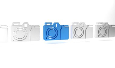 Beyaz arkaplanda mavi fotoğraf makinesi simgesi izole edildi. Fotoğraf makinesi simgesi. Minimalizm kavramı. 3 Boyutlu resimleme .