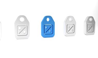 Mavi Fiyat etiketi ve beyaz arka planda izole edilmiş bir indirim simgesi. Rozet fiyatına. Reklam etiketi indirimi. Minimalizm kavramı. 3 Boyutlu resimleme .