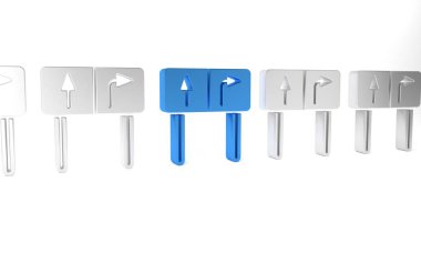 Mavi Yol trafik tabelası. Beyaz arkaplanda sinyal simgesi izole edildi. İşaretçi sembolü. İzole sokak bilgi levhası. Yön tabelası. Minimalizm kavramı. 3 Boyutlu resimleme .