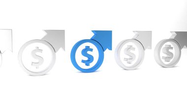Mavi Finansal büyüme ve dolar para ikonu beyaz arka planda izole edilmiş. Gelirleri arttırıyorum. Minimalizm kavramı. 3 Boyutlu resimleme .