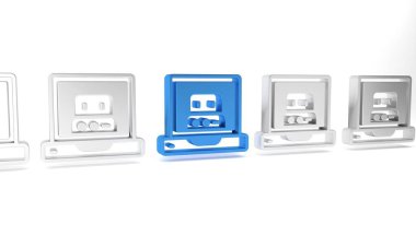 Beyaz arkaplanda mavi robot simgesi oluşturuluyor. Yapay zeka, makine öğrenme, bulut hesaplama. Minimalizm kavramı. 3 Boyutlu resimleme .