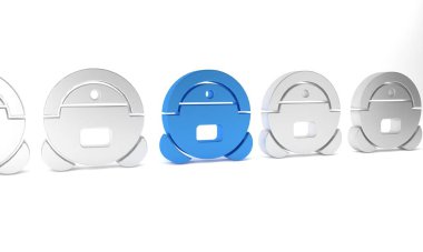 Mavi Robot elektrikli süpürge ikonu beyaz arka planda izole edildi. Otomatik süpürme için ev aletleri, ev temizliği için dijital cihazlar. Minimalizm kavramı. 3 Boyutlu resimleme .
