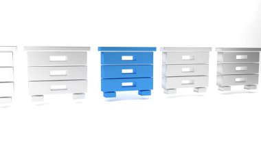 Mavi Mobilya Komodininin simgesi beyaz arkaplanda izole edildi. Minimalizm kavramı. 3 Boyutlu resimleme .