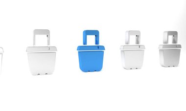 Mavi Kum, beyaz arka planda izole edilmiş kova simgesi. Plastik çocuk oyuncağı. Yaz ikonu. Minimalizm kavramı. 3 Boyutlu resimleme .
