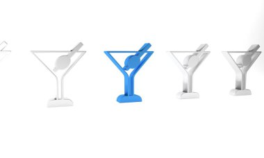 Beyaz arkaplanda mavi martini cam ikonu var. Kokteyl ikonu. Şarap kadehi ikonu. Minimalizm kavramı. 3 Boyutlu resimleme .