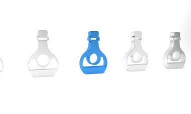 Beyaz arka planda mavi bir şişe konyak ya da brendi ikonu var. Minimalizm kavramı. 3 Boyutlu resimleme .