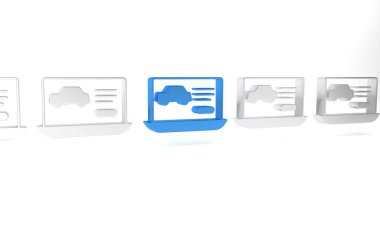 Beyaz arka planda izole edilmiş bir araç simgesinin mavi donanım tanılama durumu. Araba servisi ve tamir parçaları. Minimalizm kavramı. 3 Boyutlu resimleme .