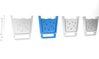 Beyaz zemin üzerinde su ikonu olan mavi cam. Soda bardağı. Minimalizm kavramı. 3 Boyutlu resimleme.