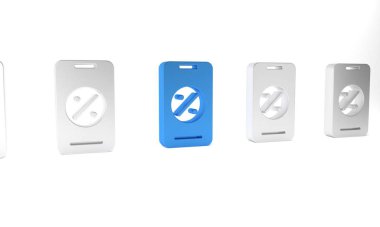 Beyaz arka planda% Mavi indirim ve cep telefonu simgesi izole edildi. Satış yüzdesi - fiyat etiketi, etiket. Minimalizm kavramı. 3 Boyutlu resimleme.