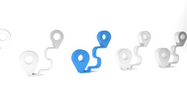 Mavi Yol konum simgesi beyaz arkaplanda izole edildi. Harita işaretçisi işareti. Yol ya da yol kavramı. GPS navigatörü. Minimalizm kavramı. 3 Boyutlu resimleme.