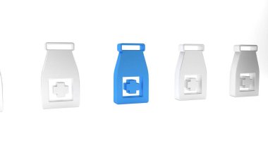 Mavi ilaç şişesi ve beyaz arka planda izole edilmiş hap ikonu. Şişe hapı işareti. Eczane tasarımı. Minimalizm kavramı. 3 Boyutlu resimleme.
