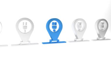 Mavi şarjlı elektrikli araba ikonu beyaz arka planda izole edildi. Minimalizm kavramı. 3 Boyutlu resimleme.