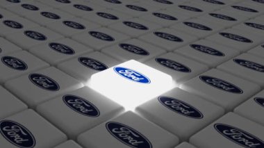 Melitopol, Ukrayna - 25 Temmuz 2024: Ford logosu küp şeklinde izole edildi. Ford Motor Şirketi, çok uluslu bir Amerikan otomobil üreticisi..
