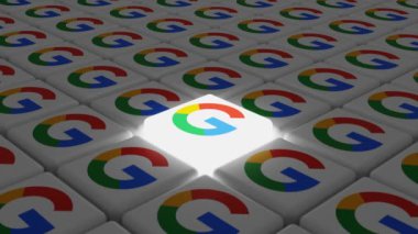 Melitopol, Ukrayna - 25 Temmuz 2024: Google logo simgesi küp şeklinde izole edildi. Google, internet hizmetleri ve ürünleri konusunda uzmanlaşmış çok uluslu ABD şirketidir..