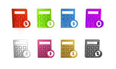 Beyaz arkaplanda dolar sembolü olan renkli hesap makinesi. Para tasarrufu konsepti. Muhasebe sembolü. Minimalizm kavramı. 3 Boyutlu resimleme