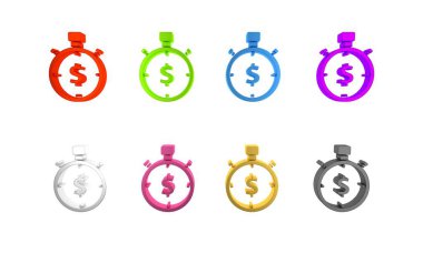 Renkli Saat, beyaz arkaplanda izole edilmiş para simgesidir. Para zamandır. Etkili zaman yönetimi. Zamanı paraya çevir. Kronometre işareti. Minimalizm kavramı. 3 Boyutlu resimleme