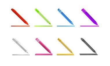 Silgi ve çizgi simgesi beyaz arkaplanda izole edilmiş renkli kalem. Eğitim işareti. Çizim ve eğitim araçları. Okul sembolü. Minimalizm kavramı. 3 Boyutlu resimleme