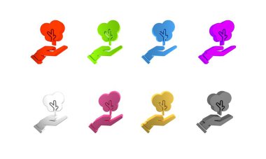 Çevre koruma ikonunun elindeki renkli ağaç beyaz arka planda izole edilmiş. Tohum ve tohum. Fidan dikiyorum. Ekoloji konsepti. Minimalizm kavramı. 3 Boyutlu resimleme