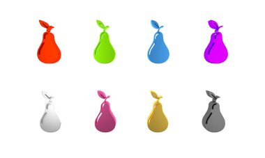 Beyaz arkaplanda renkli armut simgesi izole edildi. Yaprak sembollü meyve. Minimalizm kavramı. 3 Boyutlu resimleme