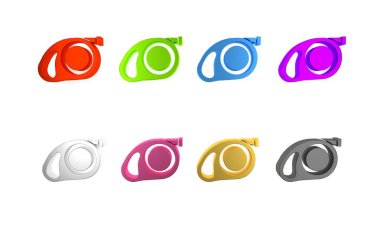 Beyaz arka planda karabina simgesi izole edilmiş renkli geri çekilebilir ip tasması. Evcil köpek liderliği. Hayvan malzemeleri. Açık hava yürüyüşü için hayvan aksesuarı. Minimalizm kavramı. 3 Boyutlu resimleme