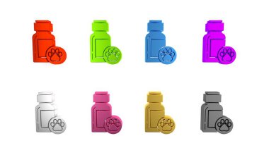 Beyaz arka planda izole edilmiş renkli köpek ilacı ikonu. İçinde haplar olan konteynır. Hayvan için reçeteli ilaç. Minimalizm kavramı. 3 Boyutlu resimleme