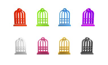 Beyaz arka planda izole edilmiş kuş simgesi için renkli kafes. Minimalizm kavramı. 3 Boyutlu resimleme