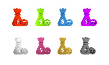 Beyaz arka planda David 'in yıldızı ve madeni para simgesi olan renkli Yahudi para çantası. Para birimi sembolü. Minimalizm kavramı. 3 Boyutlu resimleme