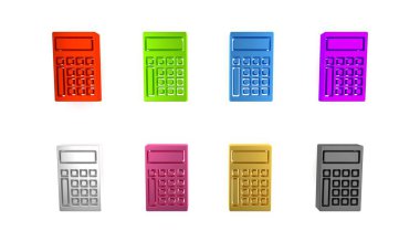 Beyaz arkaplanda renkli hesap makinesi simgesi izole edildi. Muhasebe sembolü. İş hesaplamaları matematik eğitimi ve finans. Minimalizm kavramı. 3 Boyutlu resimleme