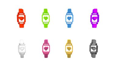 Renkli Akıllı saat beyaz arkaplanda kalp atış hızı simgesini gösteriyor. Fitness uygulaması konsepti. Minimalizm kavramı. 3 Boyutlu resimleme