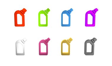 Sıvı çamaşır deterjanı, çamaşır suyu, bulaşık deterjanı ya da beyaz arka planda izole edilmiş başka bir temizlik maddesi ikonu için renkli plastik şişe. Minimalizm kavramı. 3 Boyutlu resimleme