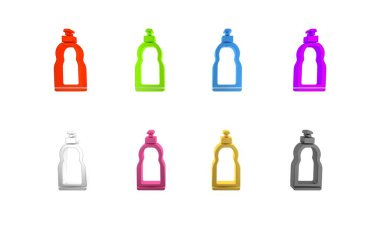 Sıvı çamaşır deterjanı, çamaşır suyu, bulaşık deterjanı ya da beyaz arka planda izole edilmiş başka bir temizlik maddesi ikonu için renkli plastik şişe. Minimalizm kavramı. 3 Boyutlu resimleme