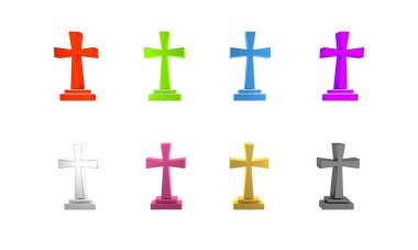 Beyaz arkaplanda çapraz simgesi olan renkli bir Tombstone. Mezar ikonu. Minimalizm kavramı. 3 Boyutlu resimleme
