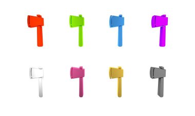 Beyaz arkaplanda izole edilmiş renkli tahta balta simgesi. Oduncu baltası. Mutlu Cadılar Bayramı Partisi. Minimalizm kavramı. 3 Boyutlu resimleme