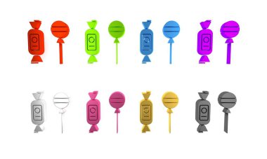Beyaz arkaplanda renkli lolipop simgesi izole edildi. Şeker işareti. Yemek, lezzetli bir sembol. Minimalizm kavramı. 3 Boyutlu resimleme