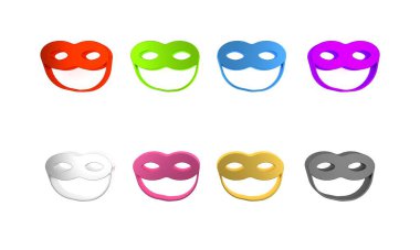 Beyaz arkaplanda renkli festival maskesi simgesi izole edildi. Minimalizm kavramı. 3 Boyutlu resimleme