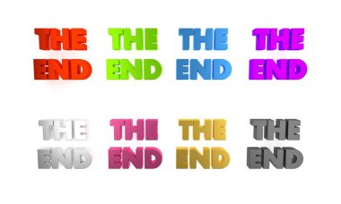 Renkli The End yazı simgesi beyaz arkaplanda izole edildi. Film karesi kapanıyor. Filmin sonu ekranı. Minimalizm kavramı. 3 Boyutlu resimleme