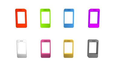 Uygulama dağıtım ikonu olan renkli mobil akıllı telefon beyaz arkaplanda izole edildi. Paket takibi. Minimalizm kavramı. 3 Boyutlu resimleme