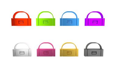 Beyaz arka planda izole edilmiş renkli çanta ya da kutu konteynır sendeleyici ve dişli balıkçılık ekipmanları ikonu. Balık oltası. Minimalizm kavramı. 3 Boyutlu resimleme