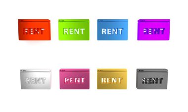 Renkli Asılma işareti ve beyaz arkaplanda izole edilmiş metin çevrimiçi kira simgesi. Metin Rent 'li pano. Minimalizm kavramı. 3 Boyutlu resimleme
