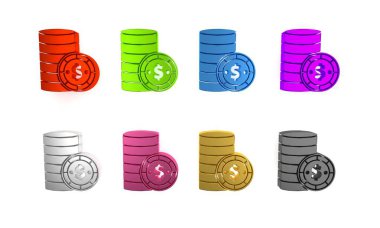 Beyaz arka planda dolar sembolü olan renkli kumarhane çipi. Kumarhane kumarı. Minimalizm kavramı. 3 Boyutlu resimleme