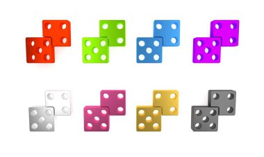 Beyaz arkaplanda izole edilmiş renkli Oyun zar simgesi. Kumarhane kumarı. Minimalizm kavramı. 3 Boyutlu resimleme